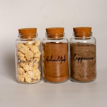 Imagem de Pote de armazenamento cafe Kit Cantinho do Café - ESCOLHA SEU KIT - Potes de Vidro 830 ml com Tampa de Cortiça(Biscoito - Achoc. - Capucc)
