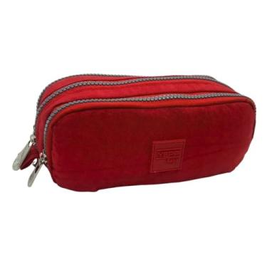 Imagem de Estojo Universitário e Escolar Necessaire Grande 3 Divisões Espaçosas para Materiais Organização Perfeita para Estudantes Material Volta as Aulas (Vermelho)