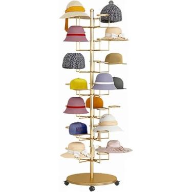 Imagem de Suporte de exibição de chapéu independente para serviço pesado – Rack organizador de metal moderno com rodas bloqueáveis para armazenamento de vários chapéus, perucas e acessórios