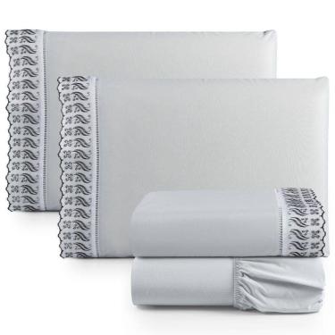 Imagem de Jogo Cama Lençol Paris Casal Padrão Percal 180 Fios 100% Algodão Lese Bordada 4 Peças - Cinza