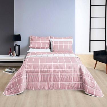 Imagem de Kit Cobre Leito Colcha Brooklyn Solteiro Quadriculado Micropercal 200 Fios 2 Peças - Rosa