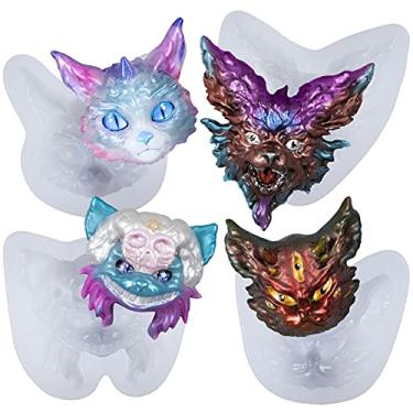 Imagem de FUNSHOWCASE Conjunto de 4 moldes de silicone de resina epóxi de gato diabo, gatinho com chifres, lince fantasma, criatura de caveira de carneiro para suprimentos de fundição de joias