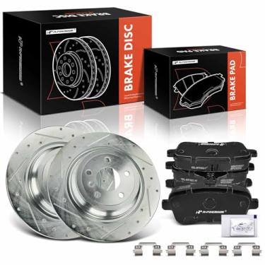 Imagem de A-Premium Rotores de freio a disco traseiro perfurado e ranhurado de 12,80 polegadas (325 mm) + kit de pastilhas de cerâmica compatível com modelos selecionados Mercedes-Benz - GLE300d, GLE350,