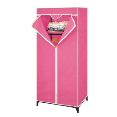 Imagem de Guarda-roupa Portátil Com Zíper E Cabideiro Organizador Dobrável Com Prateleiras Rosa