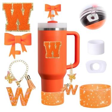 Imagem de Conjunto de 6 peças de acessórios de copo Stanley laranja adequado para Stanley Cup 850.5 g 1,134 g, incluindo tampa à prova de derramamento, bota de silicone brilhante, topo de palha em forma de laço