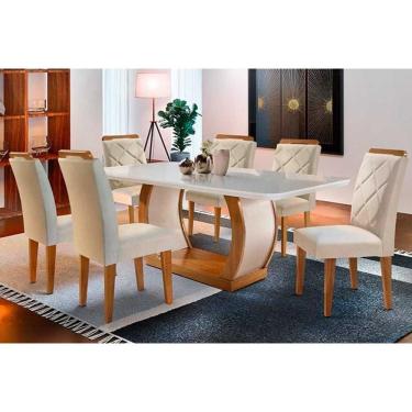 Imagem de Sala De Jantar Completa Jade Tampo Madeirado C- Vidro Curvo 180x90 E 6 Cadeiras Melissa Imbuia-veludo Creme-pérola - Rufato