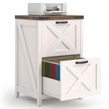 Imagem de Arquivo pequeno com 2 gavetas, armário de arquivo vertical para casa de fazenda, tamanho A4, arquivos de madeira sob a mesa para escritório em casa, suporte de impressora, branco rústico