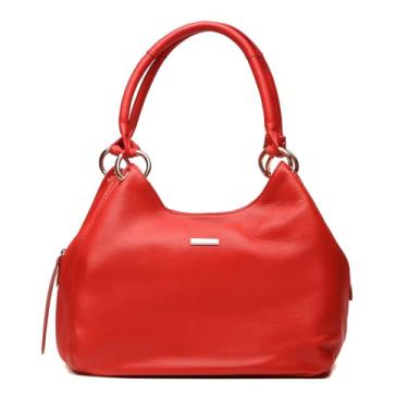 Imagem de Bolsa de Couro Legítimo Feminina Vermelha, Alça de Ombro, Interior Bege com Compartimento com Zíper