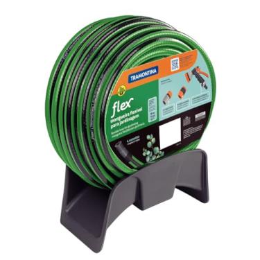 Imagem de Mangueira Flex para Jardim Tramontina Verde com Faixa Preta em PVC 4 Camadas 20 m com Engate Rápido, Engate Rosqueado, Hidropistola e Suporte