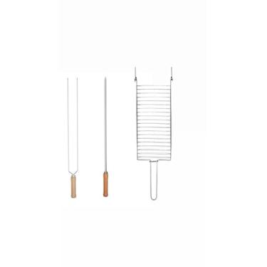 Imagem de Kit Churrasco/Grelha dupla/Espetos cabo de madeira 65cm (Kit 2 espeto simples 2 duplos)