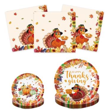 Imagem de hhdatc Conjunto de pratos e guardanapos de Ação de Graças outono peru e folha de bordo abóbora louça descartável outono colheita suprimentos de festa para 16 convidados