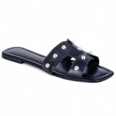 Imagem de Sandália Rasteira Feminina Rasteirinha Modelo H Leve Básica Preto Dour