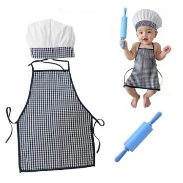 Imagem de Pacote com 3 adereços para fotografia de bebê, avental de chapéu de chef e mini rolo de silicone, acessórios para fotos para recém-nascidos para fotos de 8 a 24 meses