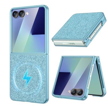Imagem de Maxdara Capa magnética para Z Flip 7, capa Bling Galaxy Z Flip 7 com protetor de tela externo embutido, capa fina de luxo, azul claro