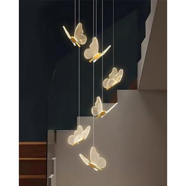 Imagem de Lustre LED em formato de borboleta, luminária pendente decorativa para escada, altura ajustável, para uso interno em residências, com luz dourada, dimerizável, ideal para sala de estar, rest