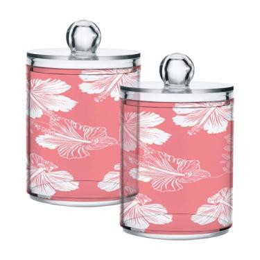 Imagem de Qilmy Pacote com 2 unidades de suporte Qtip rosa flores de hibisco, frascos de boticário de 400 ml, vasilha organizadora de banheiro para cotonetes, bolas de algodão, almofadas de maquiagem, fio