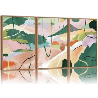 Imagem de Tinonedraw Conjunto de arte de parede em tela emoldurada abstrata colorida, 3 painéis, verde, rosa, tintas de óleo, arte, três peças, neutro, moderno, minimalista, decoração de parede para sala de