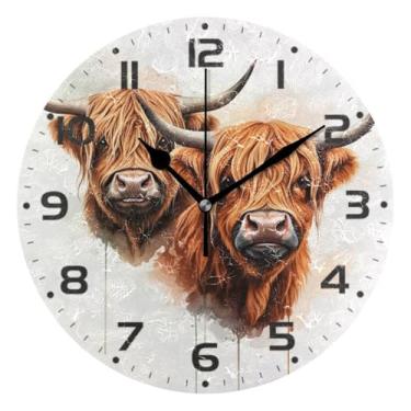 Imagem de Qilmy Highlands Relógio de parede pequeno moderno com cabeça de gado, 25 cm, operado por bateria, silencioso, sem tique-taque, relógio decorativo para casa, escritório, escola, quarto, banheiro e