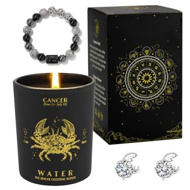 Imagem de ZINCGE Conjunto de presente de vela perfumada do zodíaco de câncer para homens e mulheres – vela de cristal de aroma rosa com pulseira e brincos, caixa de presente de astrologia, presentes de Natal e