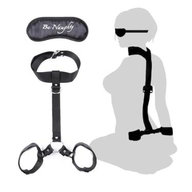 Imagem de BDSM Conjunto de Bondage de Pescoço a Pulso - Gola de Algemas Atrás das Costas com Venda Ajustável Conjunto de Cama SM Jogos Brinquedos Sexuais para Casais S&M Chicote