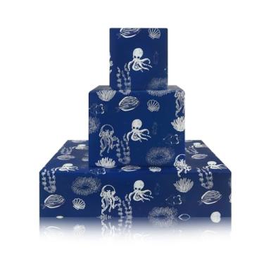 Imagem de Papel de embrulho de polvo, água-viva, peixe, cavalo-marinho, oceano, tema náutico, aniversário, azul royal, para crianças, meninas, meninos, debaixo d'água, linha branca, arte, vida marinha, animal