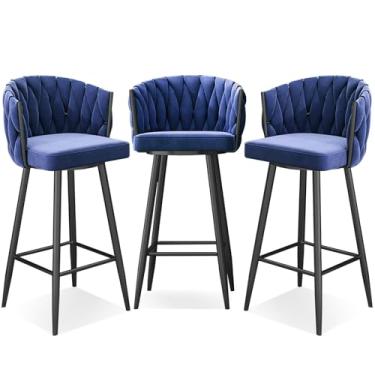 Imagem de Banquetas de bar giratórias modernas de 360°, cadeiras de cozinha estofadas de altura de bar com pernas de aço e apoio para os pés, perna azul e preta, 3 peças