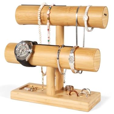 Imagem de Suporte organizador de joias de bambu de LED – Suporte de pulseira, organizadores de joias e armazenamento para colar, relógio, brinco, anel – Suporte de exibição de joias de madeira natural com luz