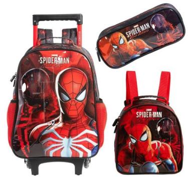 Imagem de Kit Mochila Com Carrinho escolar Lancheira e Estojo Homem Aranha Cor:P