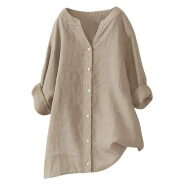 Imagem de Blusas femininas de verão de manga comprida com botões de algodão e gola redonda para mulheres 2024 blusa casual solta de verão, Cáqui A1, XXG