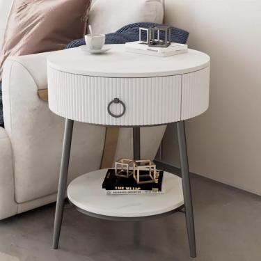Imagem de Mesa lateral redonda, mesa de cabeceira, sofá com gaveta e prateleira aberta, mesas de cabeceira com estrutura de metal para sala de estar/quarto/espaço pequeno, branco, pés pretos