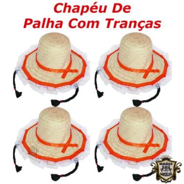 Imagem de Kit 4 Chapéus De Palha Com Trança e Renda Festa Junina 27CM - Fantasia