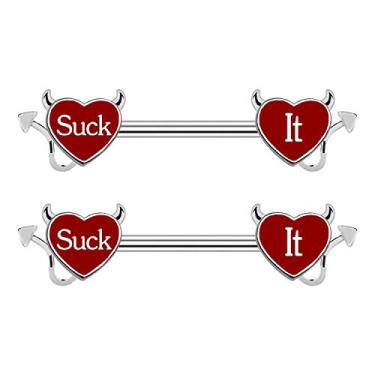 Imagem de CHARM ONLINE Cum Here Anel de mamilo 14G 316L aço cirúrgico barra de mamilo forma coração diabo piercing corporal joia para mulheres homens.., Sem pedras preciosas