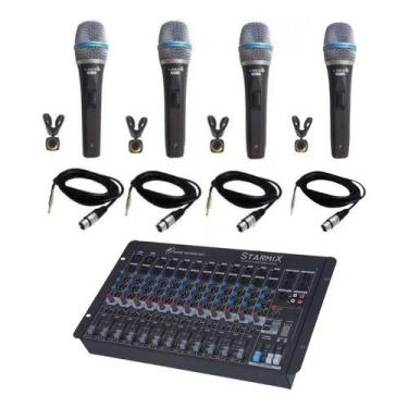 Imagem de Kit 4 Microfone Lyco Smp10 Com Fio Mesa 12 Canais S1202d Karaokê Barzi