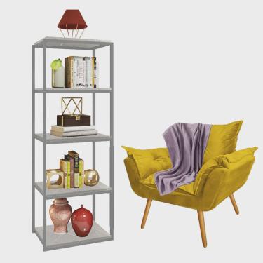 Imagem de Kit Poltrona Fatte com Manta Soft Lilás e Estante Livreiro Ferro Cinza mdf Marmorizado Cinza Suede Amarelo - Ahz Móveis