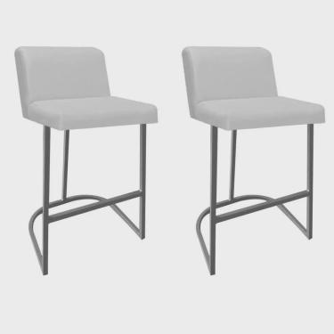 Imagem de Kit 02 Banquetas Com Encosto Noah Luxo Confort Bistrô Cozinha Ferro Cinza Corino Branco - Ahazzo Móveis