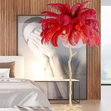 Imagem de Lâmpada De Chão Led De Resina Com Tripé De Penas De Avestruz Natural Regulável - Decoração Ideal Para Sala De Estar, Casa E Escritório - Luz De Leitura Perfeita É, Red, 80x75cm