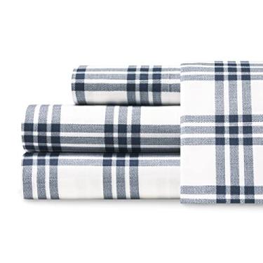 Imagem de Eddie Bauer Home | Coleção Percal | Conjunto de lençóis - 100% algodão, crocante e fresco, roupa de cama leve e absorvente de umidade, Twin XL, xadrez azul-marinho