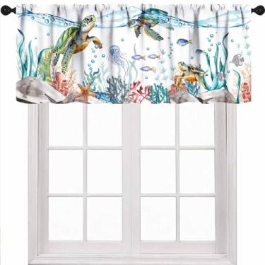 Imagem de Cortinas de tartaruga náutica, sanefas, estrela-do-mar, algas marinhas, textura para cozinha, quarto, sala de estar, banheiro, janela, 1 peça, 137 x 45 cm