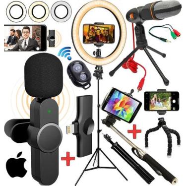 Imagem de Kit Gravação Profissional Tripé Microfone de Mesa + Lapela Sem Fio iOS