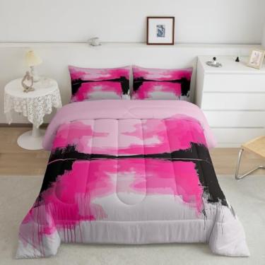 Imagem de jejeloiu Conjunto de edredom abstrato, rosa, vermelho, preto, arte abstrata, tamanho casal, para crianças, meninos, meninas, moderno, geométrico, microfibra macia