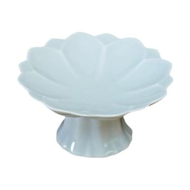 Imagem de Fenteer Prato de cerâmica com base em formato de lótus, centro de mesa pequeno, fruteira, sobremesa, suporte para exposição, cozinha, sala de estar, Azul-ciano