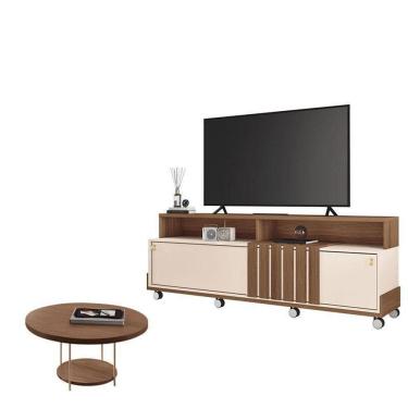 Imagem de Rack Bancada Graci Com Mesa De Centro Sky Castanho Off White – Hb Móveis