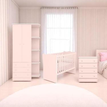Imagem de Conjunto Infantil Doce Sonho Rosa Acetinado: Berço Doce Sonho + Kit Rodízios Cômoda Doce Sonho Guarda-roupa Doce Sonho