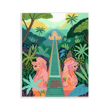 Imagem de Stupell Industries Desenho artístico de placa de parede de escadas para templo da floresta de macacos por Courtney Haley, 14 x 11