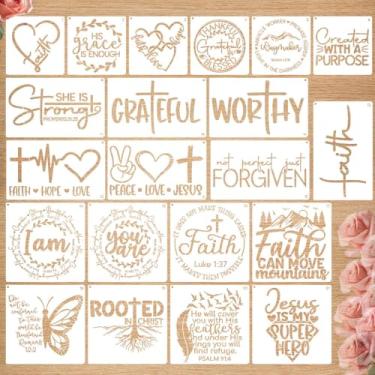 Imagem de Conjunto de 21 estênceis cristãos para artesanato, versículo bíblico, citações motivacionais, estêncil, modelos de desenho de estêncil de fé para pintura em tecido de placa de madeira, decoração de