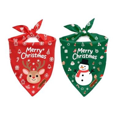 Imagem de Bandanas de Natal para cães – Pacote com 2 lenços de boneco de neve verde e veado vermelho para meninos e meninas, tecido durável premium, bandana de férias para cães pequenos, médios e grandes