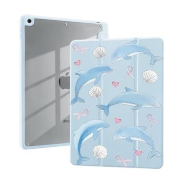 Imagem de Linda capa de concha de golfinho para iPad Air de 11 polegadas M3 2025/M2 2024/iPad Air 5 2022/Air 4 2020 10,9 polegadas com suporte para lápis, suporte de três dobras, couro azul, capa feminina