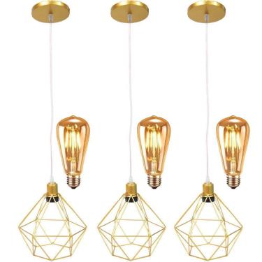 Imagem de 3 Pendentes Aramado Diamante Lustre Cabo Cristal Dourado + 3 Lãmpadas Led ST64 Vintage Retrô