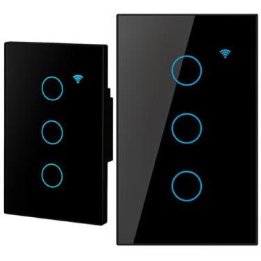 Imagem de Interruptor Inteligente Wi-Fi Touch RF com 3 Botões Controle Remoto via App 1000W 100V-240V Interruptor Paralelo Digital De Parede Preto