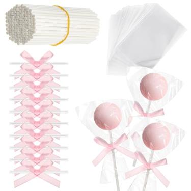 Imagem de Honoson Kit de palitos e envoltórios de bolo, incluindo sacos transparentes para bolos, palitos de pirulito de papel de 15 cm, laços para cakepop, doces, chocolate, decorações de casamento (rosa, 30